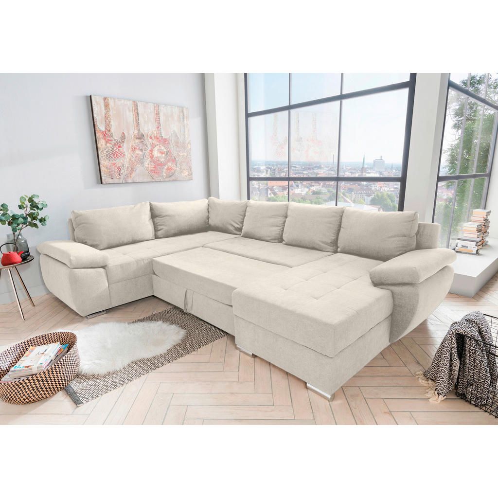 Thumbnail - Livetastic Wohnlandschaft, Creme, Textil, Uni, 5-Sitzer, Füllung: Schaumstoff, U-Form, 305x219 cm, Made in EU, Liegefunk...