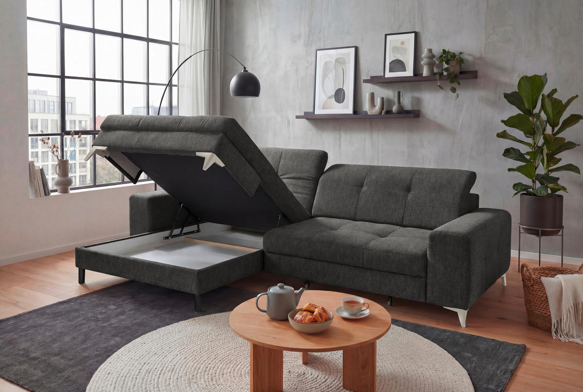 ECKSOFA SORELLA Graphitfarben Chenille Kopfteilverstellung, Sitztiefenverstellung  - Kaschmir/Graphitfarben, Design, Kunststoff/Textil (182/328cm) - MID.YOU