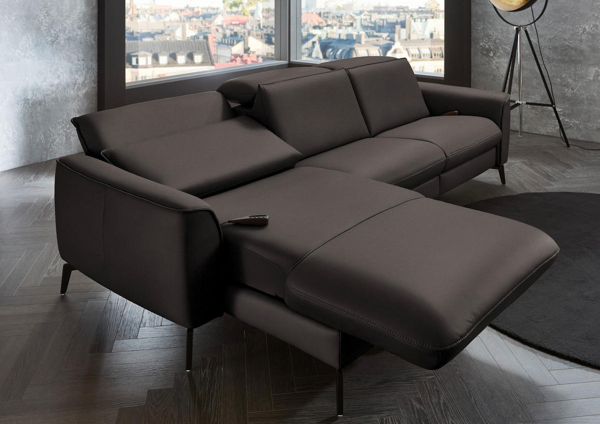 ECKSOFA in Echtleder Dunkelgrau  - Dunkelgrau/Schwarz, Natur, Leder/Metall (168/281cm) - Valdera