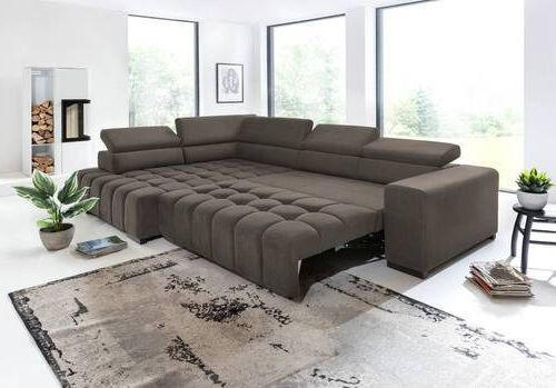 ECKSCHLAFSOFA in Braun Textil   - Schwarz/Braun, Design, Holz/Textil (201/307cm) - Livetastic