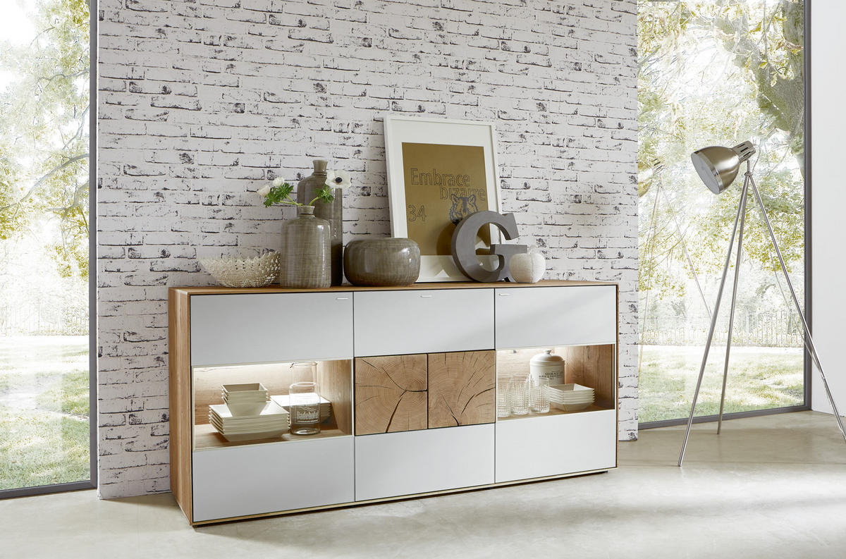 SIDEBOARD Lago  in 175/80,5/49 cm  - Eichefarben/Weiß, Natur, Glas/Holz (175/80,5/49cm) - Valnatura