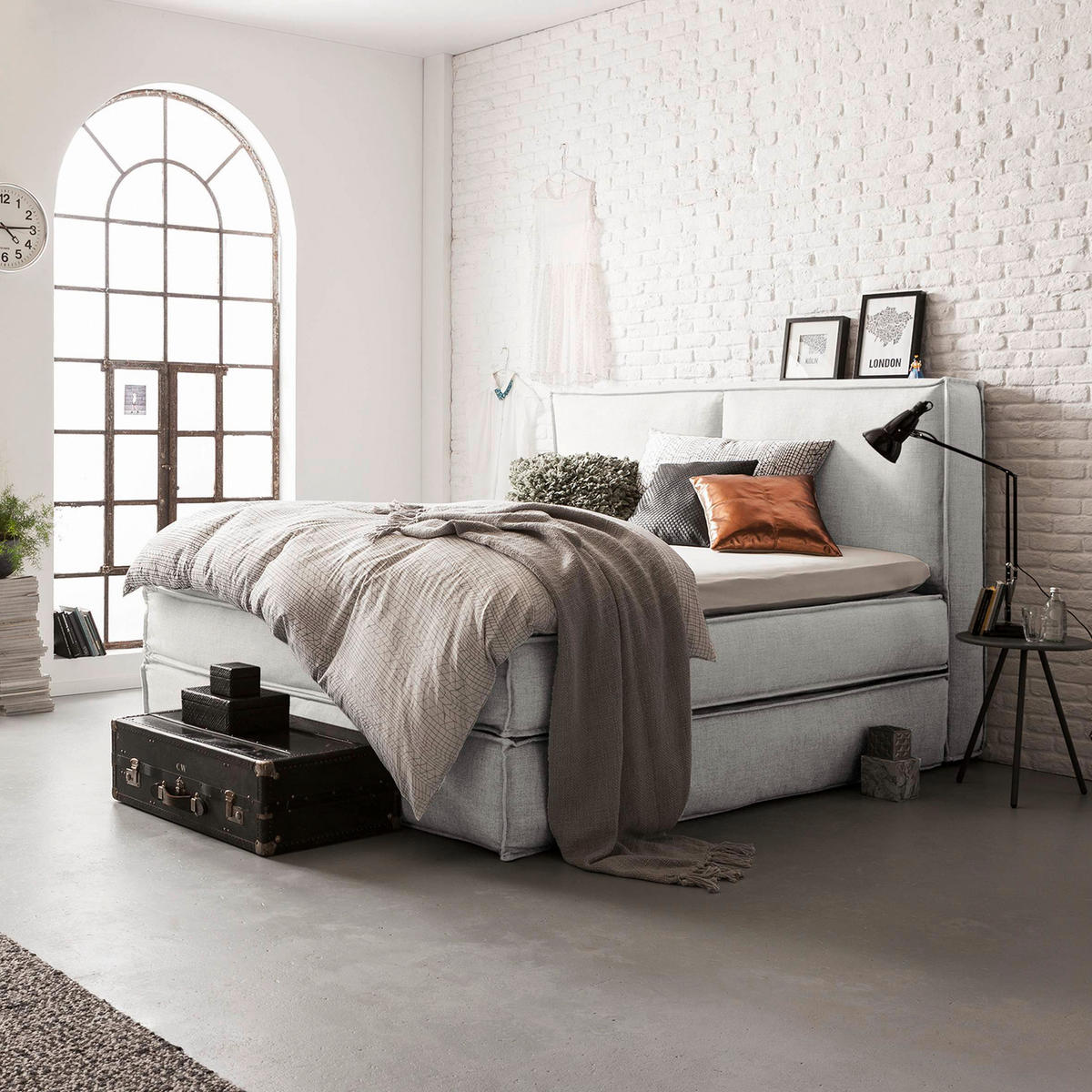 BOXSPRINGBETT 180/220 cm  in Creme  - Creme/Schwarz, Design, Kunststoff/Textil (180/220cm) - home24
