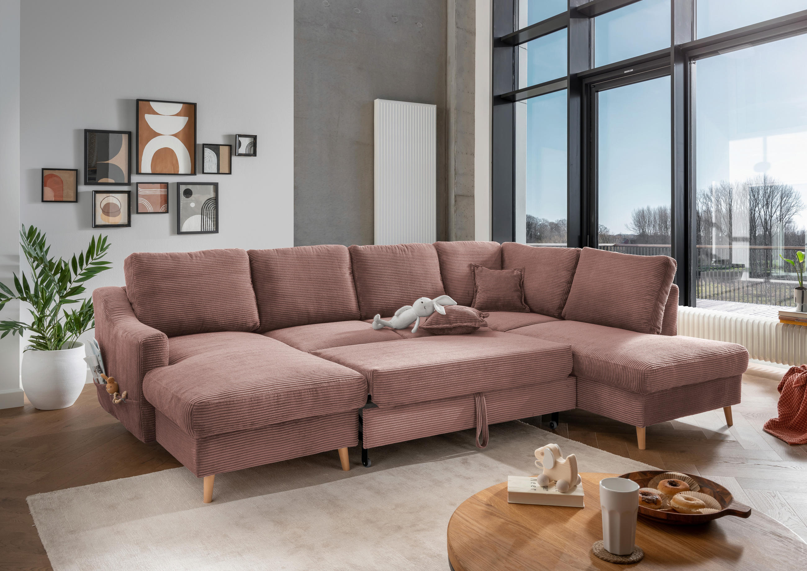 WOHNLANDSCHAFT Rosa Cord  - Naturfarben/Rosa, KONVENTIONELL, Holz/Textil (150/301/200cm) - P & B
