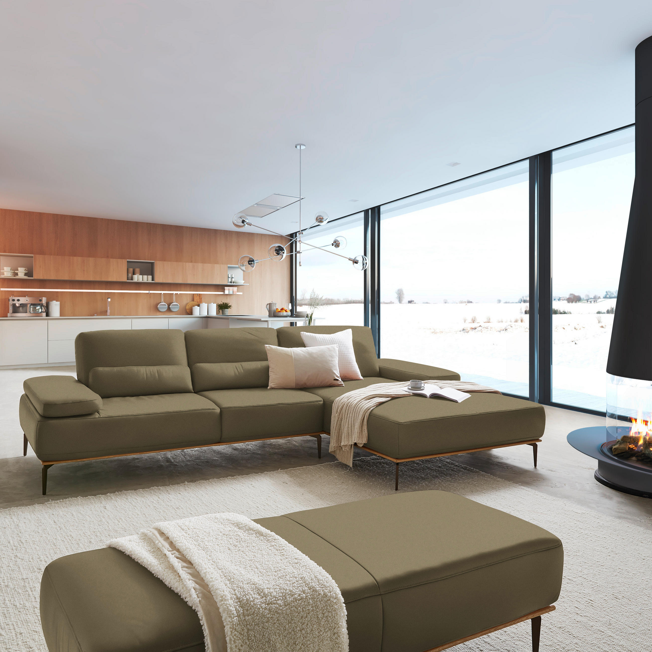 ECKSOFA in Echtleder Olivgrün  314/176 cm  - Bronzefarben/Olivgrün, Design, Leder/Holz (314/176cm) - Valnatura