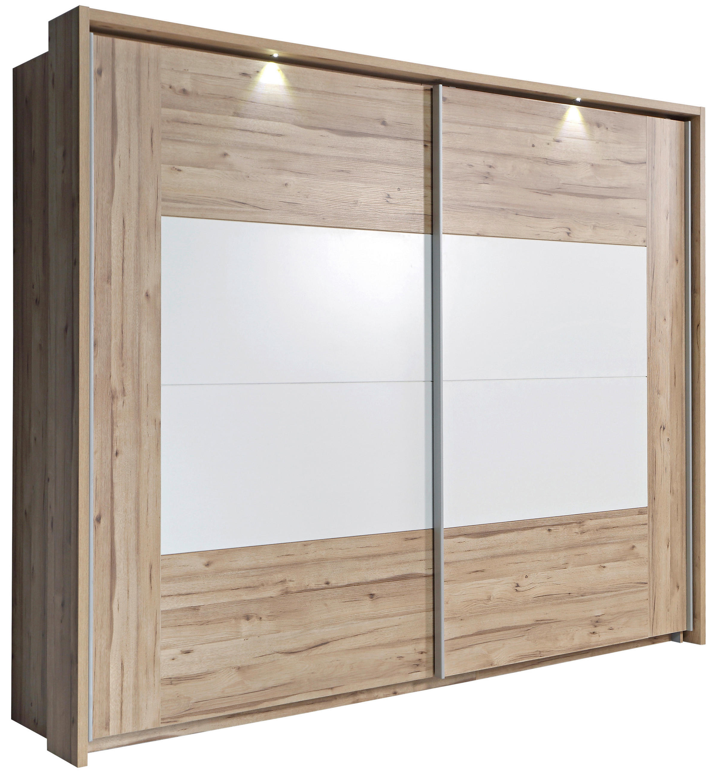 DULAP CU UșI CULISANTE in alb, scânduri de stejar  - scânduri de stejar/alb, Konventionell, metal/material pe bază de lemn (270/210/61cm) - Ti'me