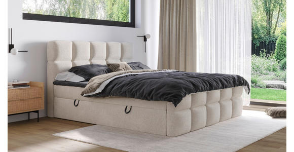 BOXBETT 160/200 cm,  in Beige, gepolstertes Kopfteil, Bettkasten, Topper, H3 = fest  - Beige/Schwarz, Design, Holzwerkstoff/Kunststoff (160/200cm) - Xora