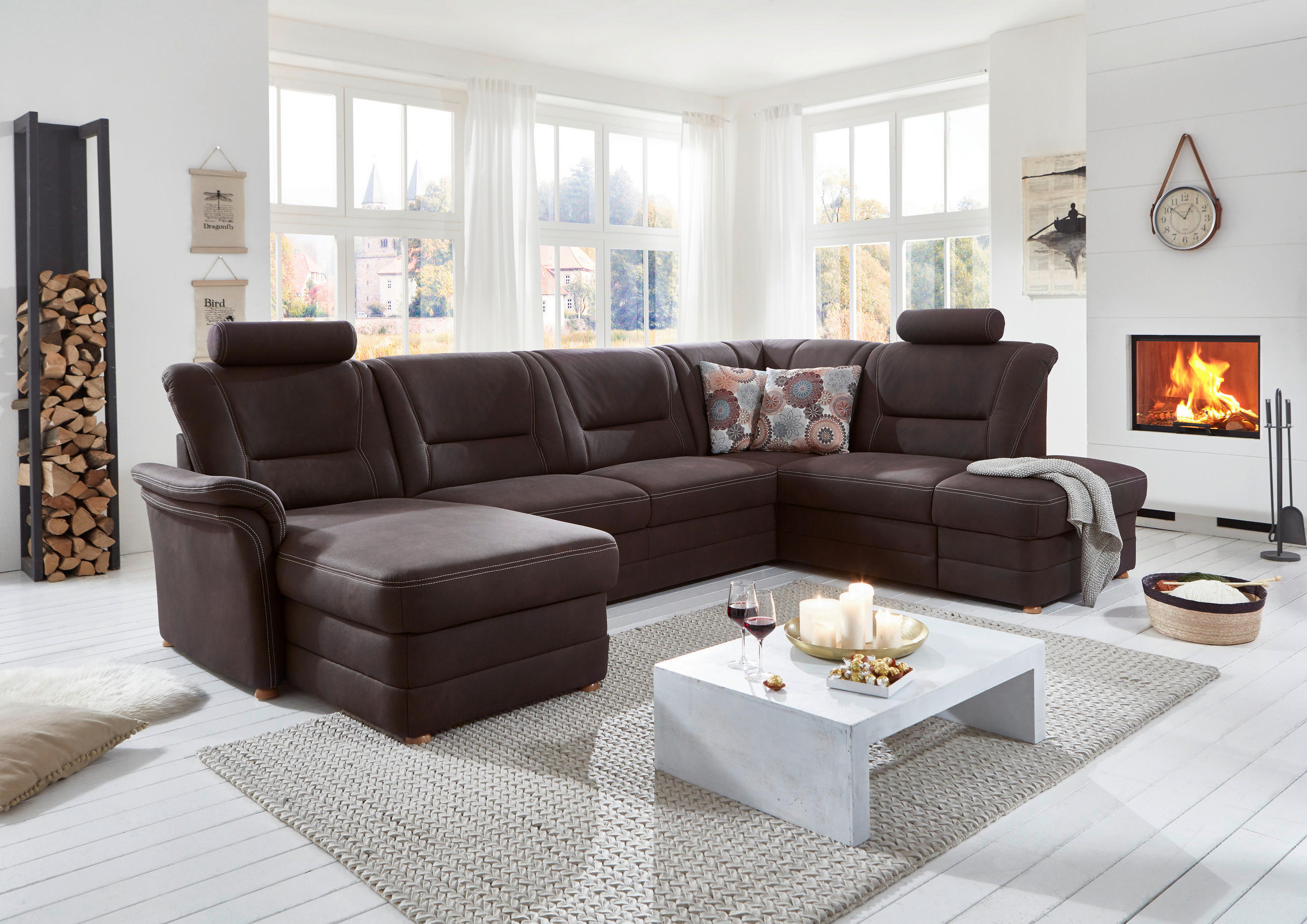 WOHNLANDSCHAFT in Mikrofaser Dunkelbraun  - Eiche Bianco/Dunkelbraun, Konventionell, Holz/Textil (162/327/218cm) - Carryhome