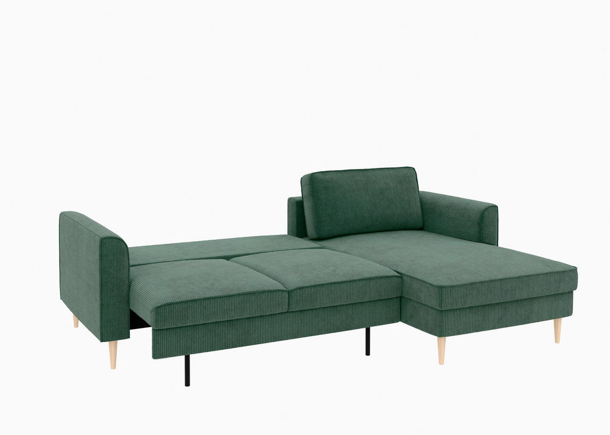 ECKSCHLAFSOFA Cord Dunkelgrün  - Dunkelgrün/Buchefarben, Modern, Holz/Textil (232/161cm) - Trendmanufaktur