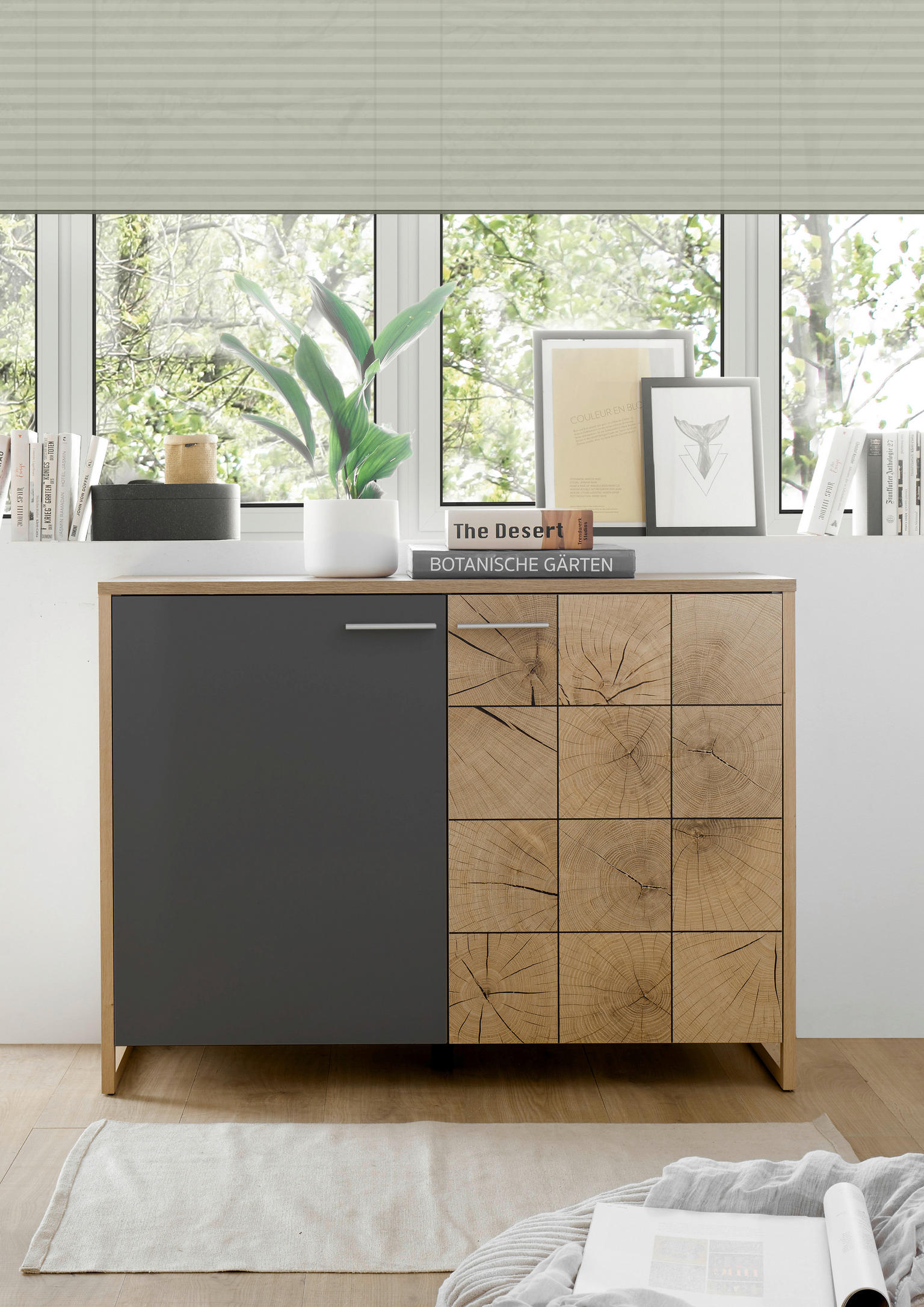 SIDEBOARD Graphitfarben, Eichefarben, Eiche Artisan Einlegeböden - Einrichtungsbeispiel