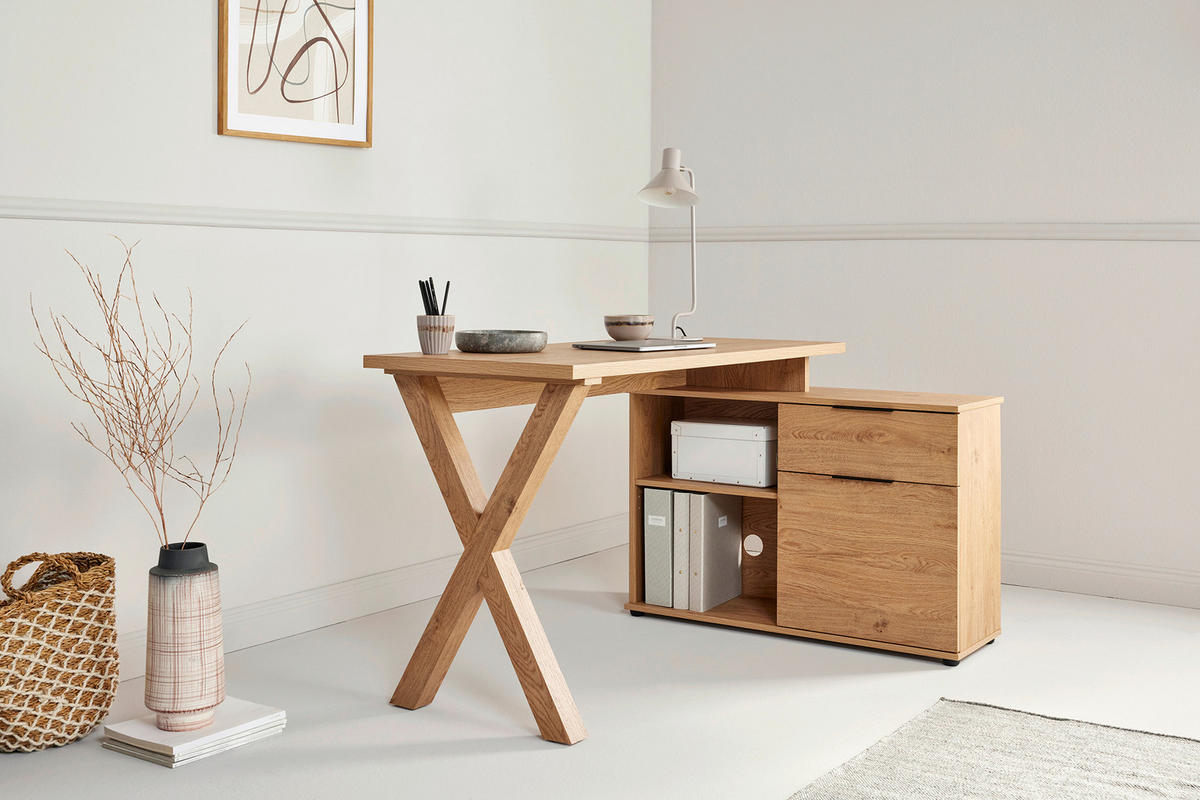 ECKSCHREIBTISCH 140/95/76 cm Eichefarben Kabeldurchlass, Stauraum, seitenverkehrt montierbar, in verschiedenen Holz-Dekoren erhältlich  - Eichefarben/Schwarz, MODERN, Holzwerkstoff/Metall (140/95/76cm) - MID.YOU