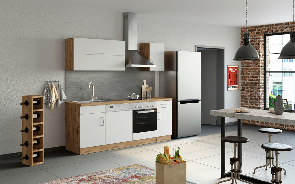KÜCHENLEERBLOCK 210 cm   in Weiß, Eiche Wotan  - Chromfarben/Eiche Wotan, MODERN, Holzwerkstoff/Metall (210cm) - Held