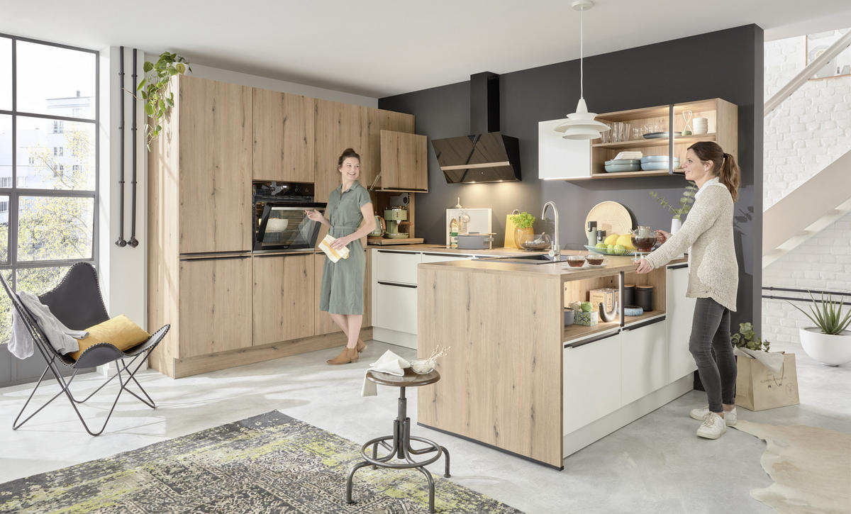 EINBAUKÜCHE DK309  - Eichefarben/Weiß, Design, Holzwerkstoff - Dieter Knoll