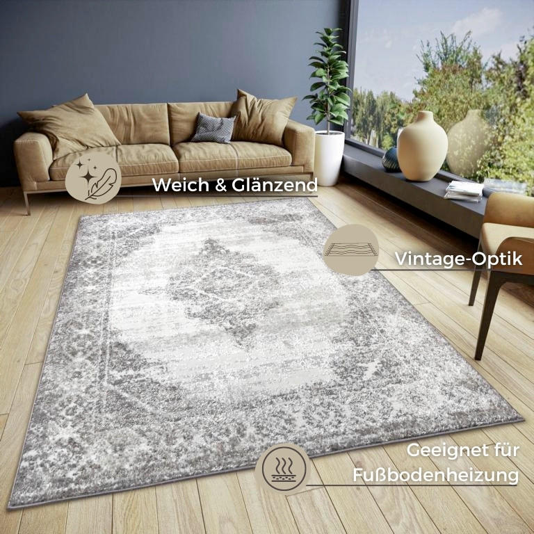 VINTAGE-TEPPICH 160/235 cm Shine Creme, Grau  - Creme/Grau, Design, Kunststoff (160/235cm)