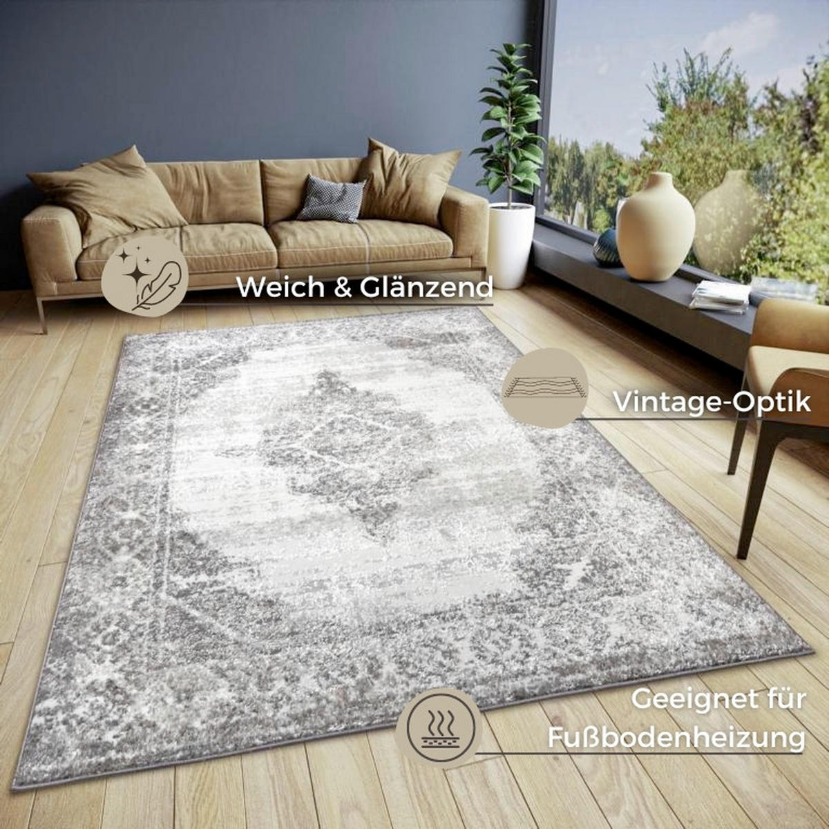 VINTAGE-TEPPICH 200/280 cm Shine Creme, Grau  - Creme/Grau, Design, Kunststoff (200/280cm)