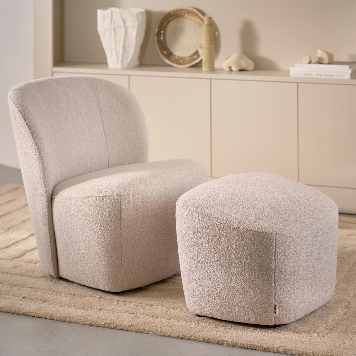 HOCKER Lofty Bouclé Naturfarben  - Schwarz/Naturfarben, Design, Kunststoff/Textil (62/41/48cm) - Livetastic