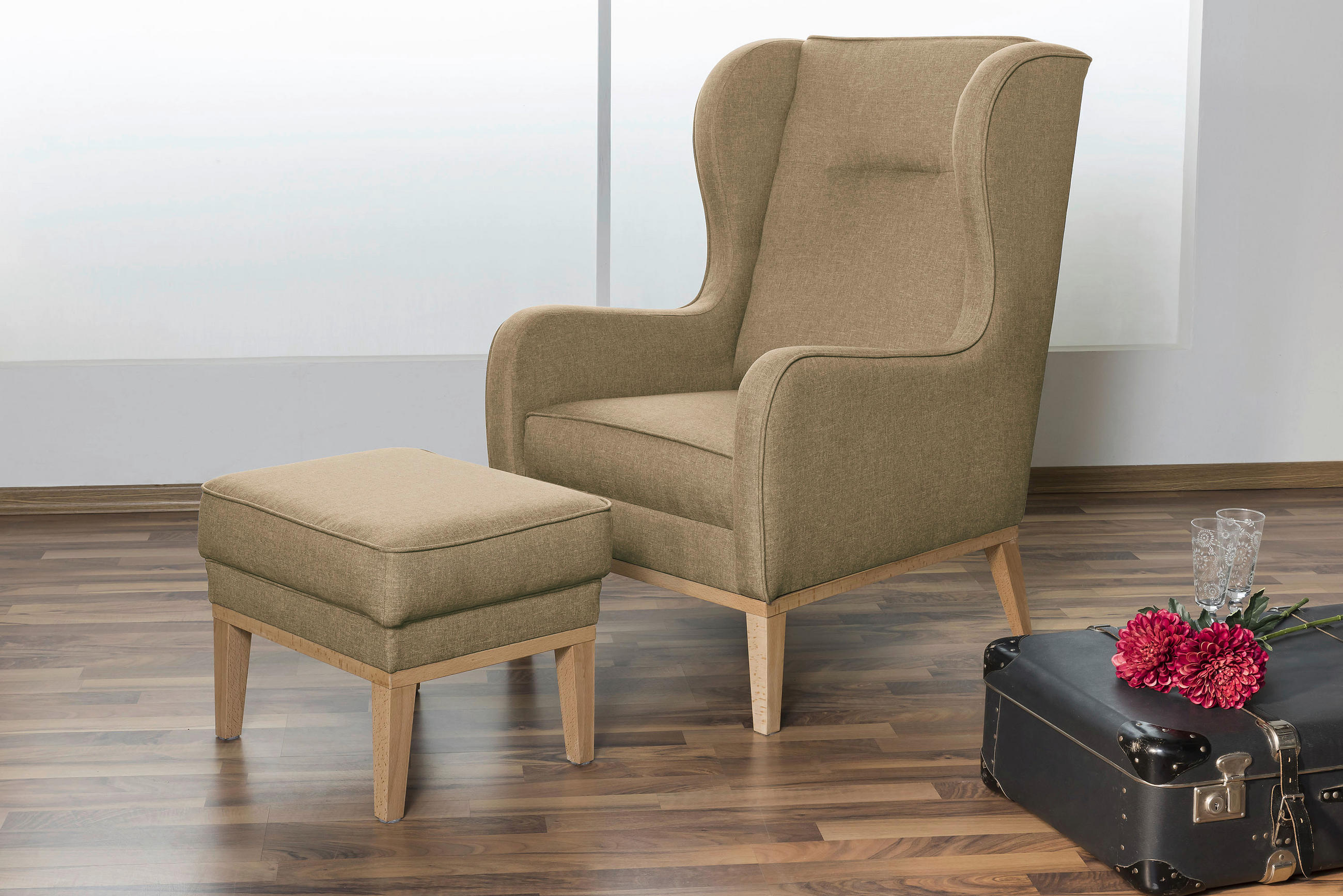 OHRENSESSEL Flachgewebe Sandfarben  - Sandfarben/Naturfarben, KONVENTIONELL, Holz/Textil (66/104/78cm) - Max Winzer