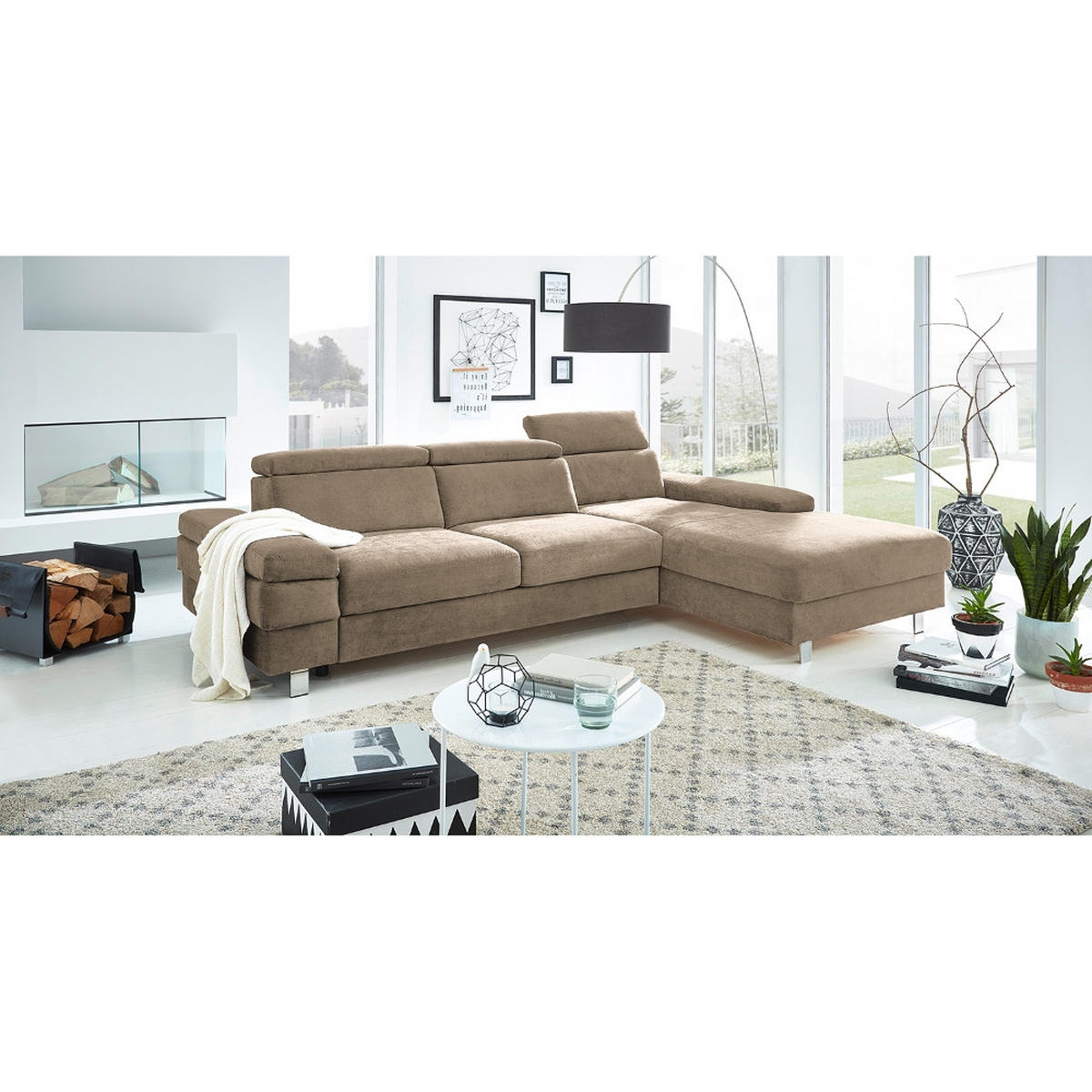 ECKSOFA in Webstoff Schlammfarben  - Schlammfarben/Silberfarben, Konventionell, Textil/Metall (182/82/260cm) - Trendmanufaktur