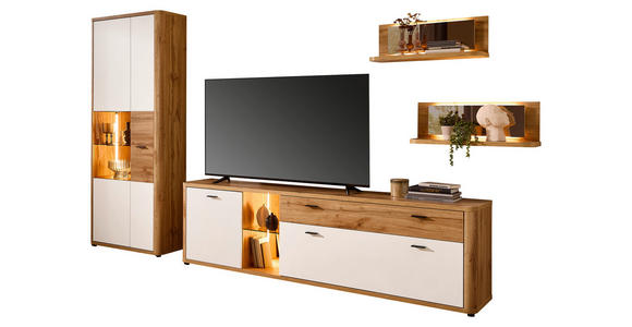 WOHNWAND 4-teilig  in Weiß, Eiche Wotan  335/204/39 cm  - Anthrazit/Eiche Wotan, MODERN, Glas/Holzwerkstoff (335/204/39cm) - Xora