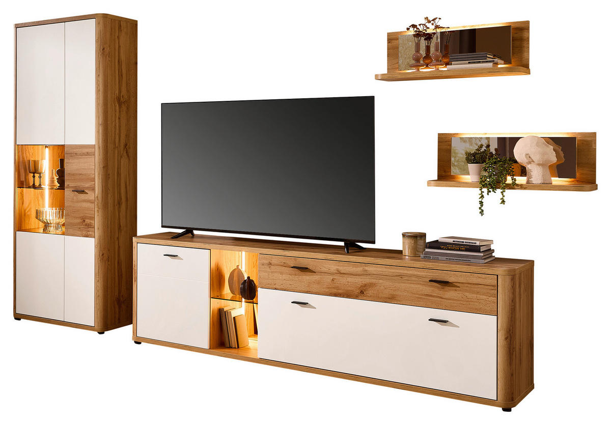 WOHNWAND 4-teilig  in Weiss, Eiche Wotan 335/204/45 cm  - Weiss/Anthrazit, Modern, Glas/Holzwerkstoff (335/204/45cm) - Stylife