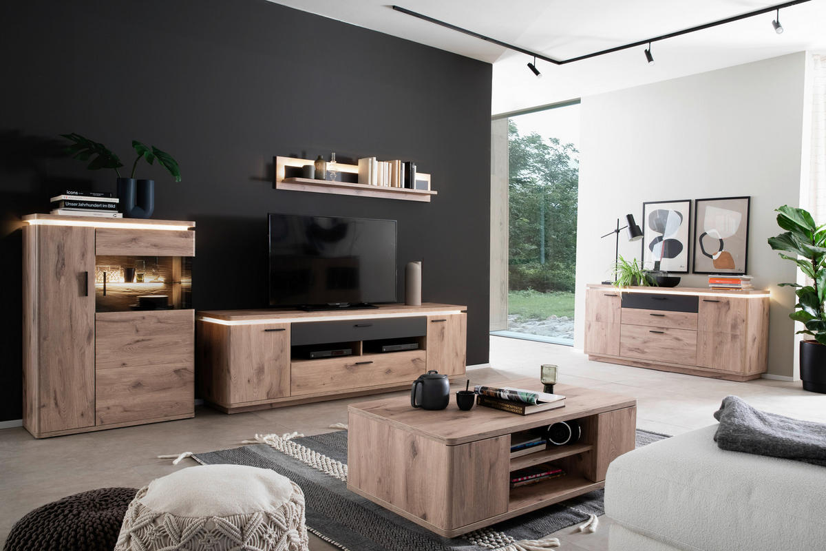 WOHNWAND 3-teilig  in Anthrazit, Eiche dunkel  310/181/50 cm  - Eiche dunkel/Anthrazit, KONVENTIONELL, Glas/Holzwerkstoff (310/181/50cm) - Cantus