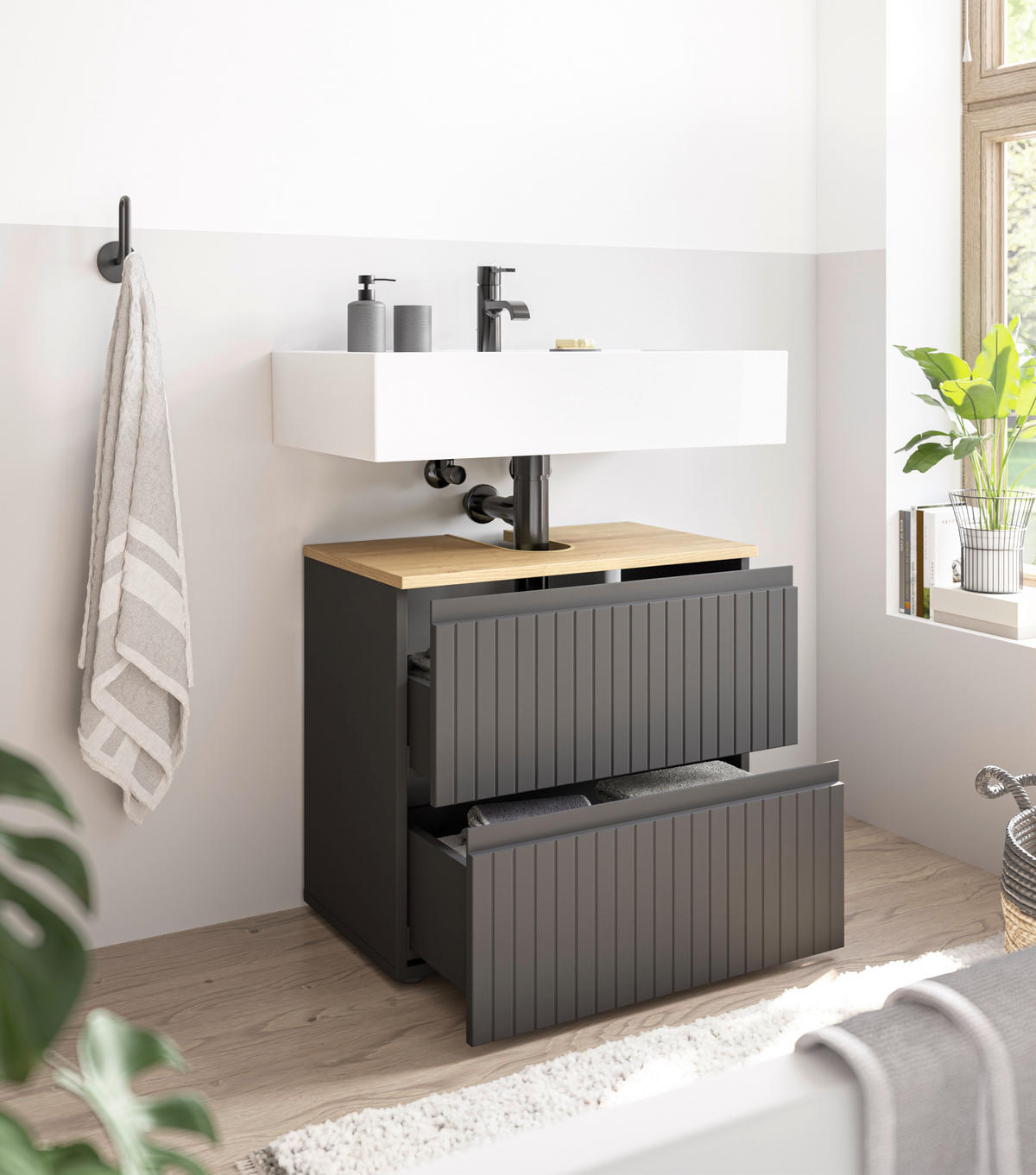 WASCHBECKENUNTERSCHRANK 60/57/36 cm  - Eichefarben/Schwarz, MODERN, Holzwerkstoff/Kunststoff (60/57/36cm) - MID.YOU