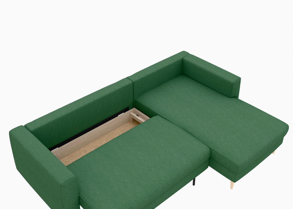 ECKSCHLAFSOFA  mit Rücken echt, Armteil links, Armteil rechts Struktur Dunkelgrün  - Dunkelgrün/Buchefarben, MODERN, Holz/Textil (232/161cm) - Trendmanufaktur