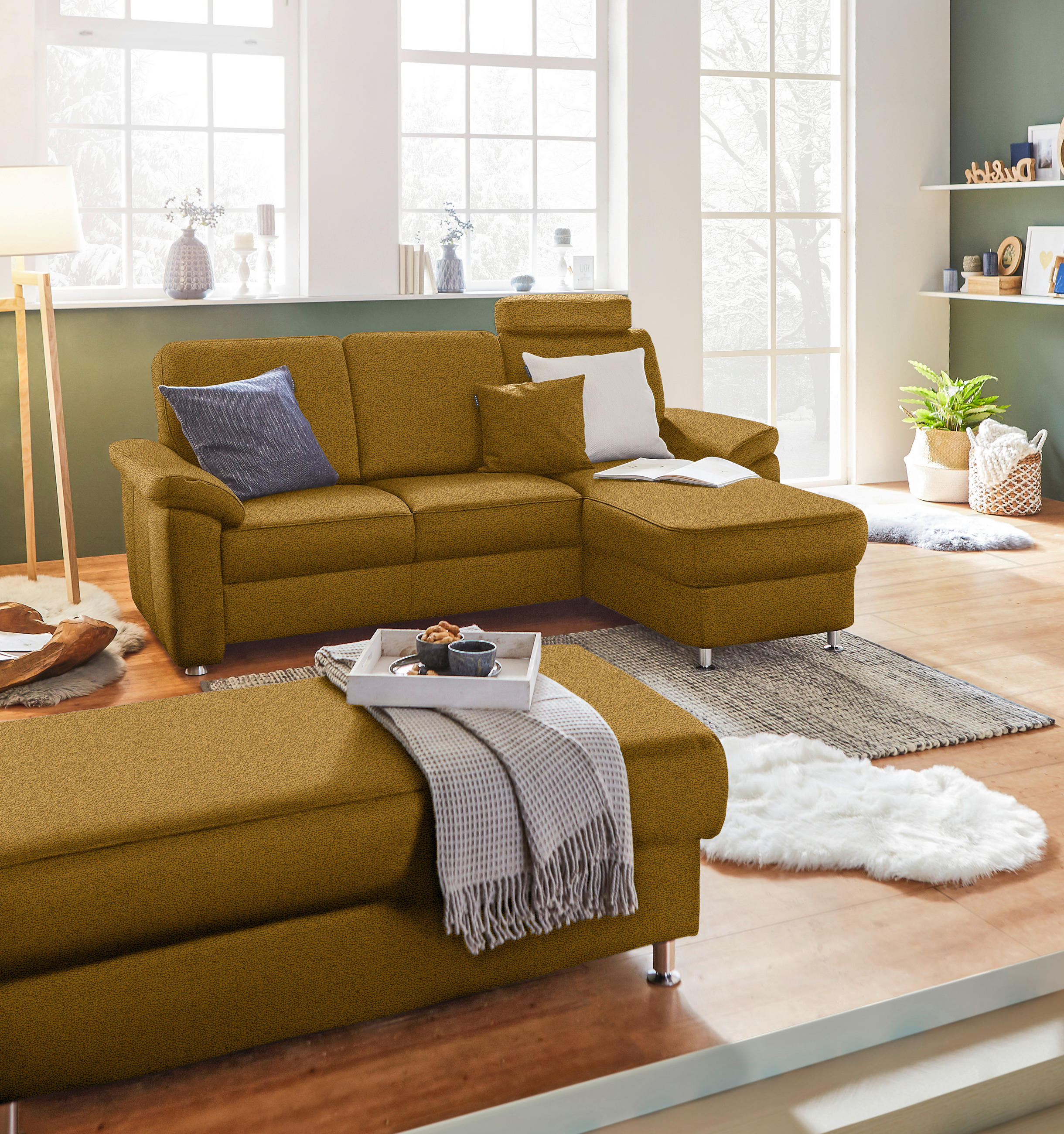 ECKSOFA in Webstoff Braun, Grün  - Chromfarben/Braun, Konventionell, Textil/Metall (220/163cm) - Beldomo System