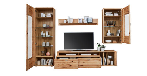 WOHNWAND Buche furniert, massiv Buchefarben - Edelstahlfarben/Buchefarben, KONVENTIONELL, Glas/Holz (301/208/52cm) - Cantus