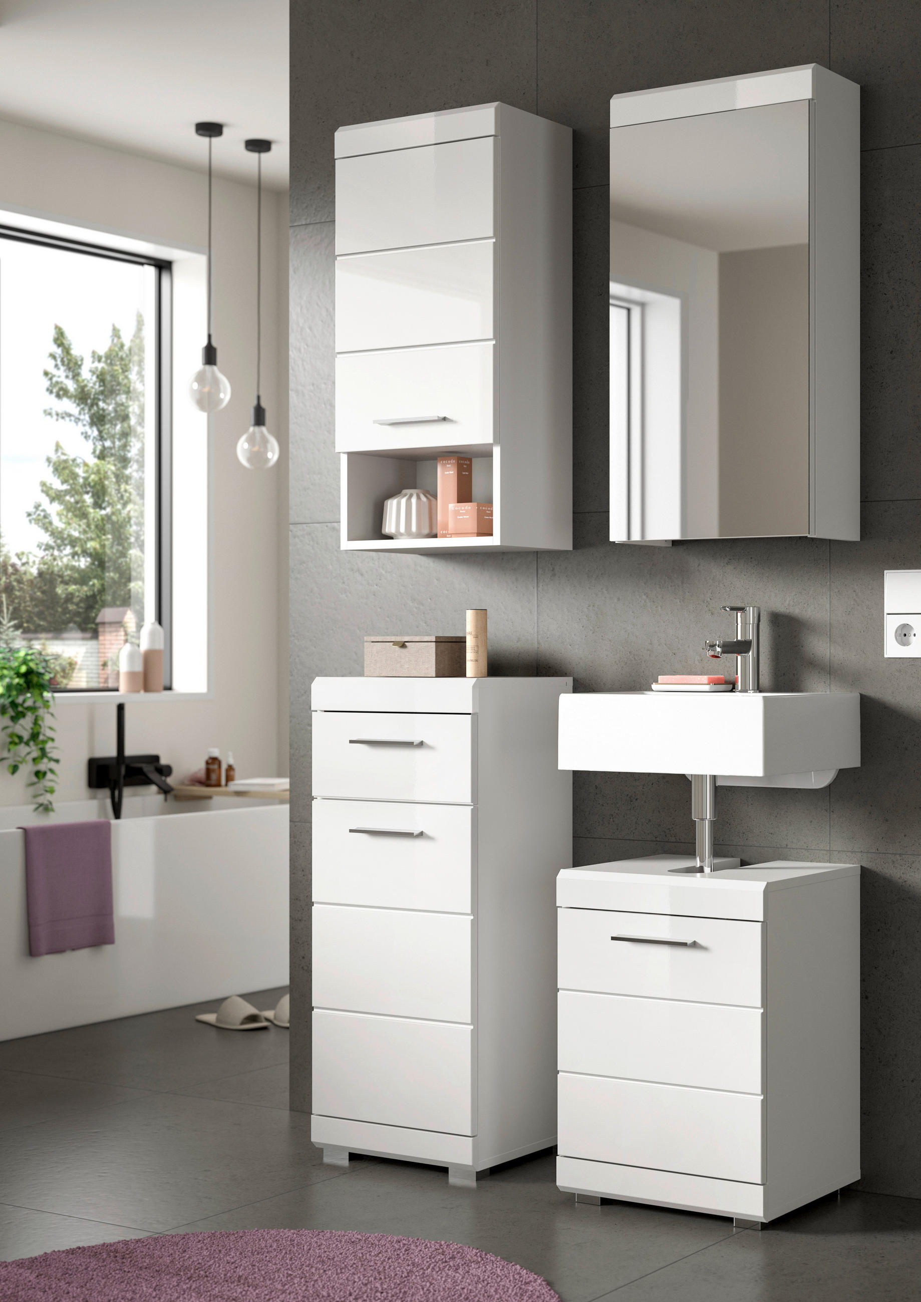 BADEZIMMER 4-teilig  in 92 cm  - Weiß Hochglanz/Silberfarben, Trend, Glas/Holzwerkstoff (92cm) - MID.YOU