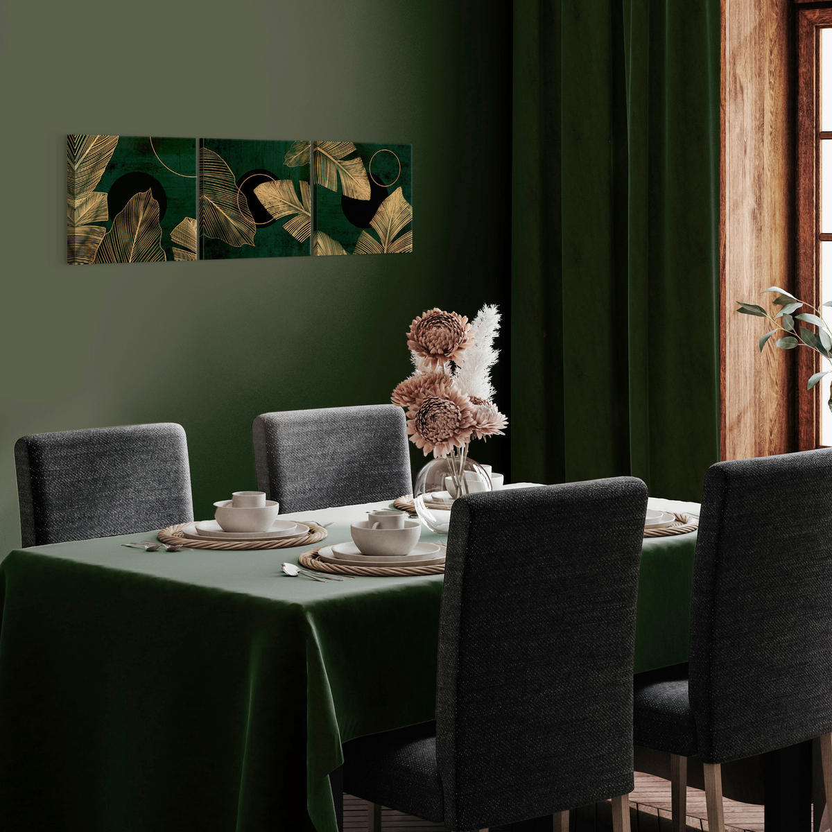 BILDERSET 3x32/32 cm  - Dunkelgrün/Goldfarben, Basics, Holz/Textil (3x32/32cm)