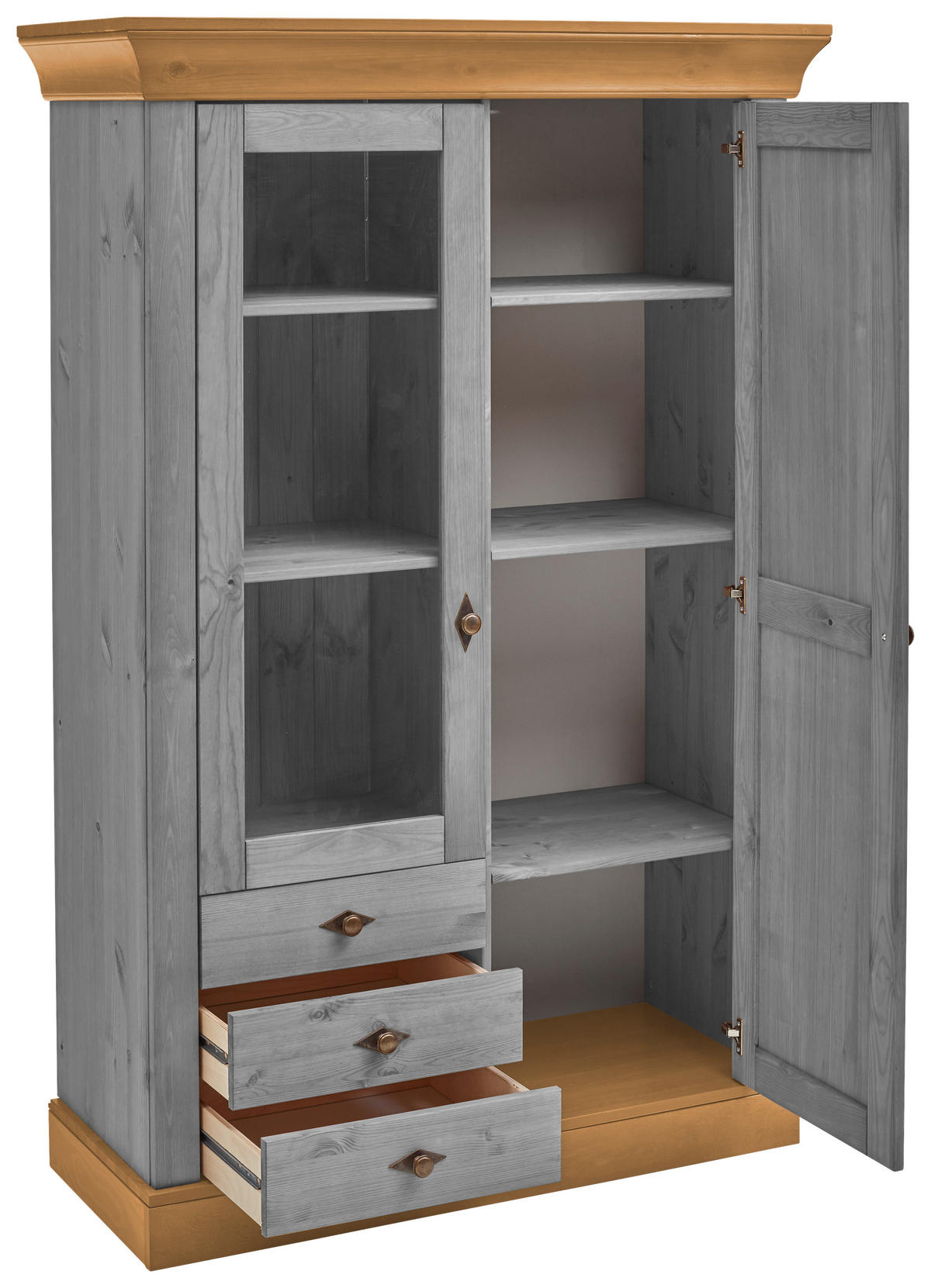 VITRINE in massiv Kiefer Laugenfarbig, Grau  - Laugenfarbig/Grau, ROMANTIK / LANDHAUS, Glas/Holz (108/163/45cm) - Boxxx