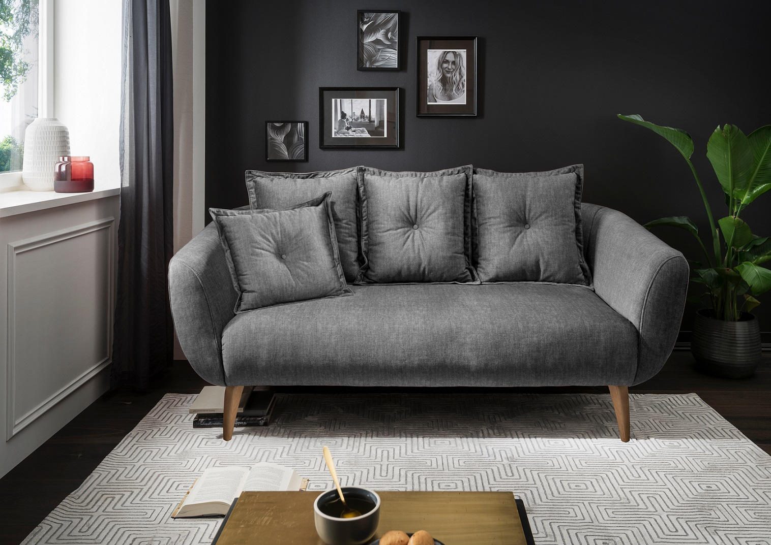 2,5-SITZER in Velours Grau  - Buchefarben/Grau, Modern, Holz/Textil (196/94/103cm) - Livetastic