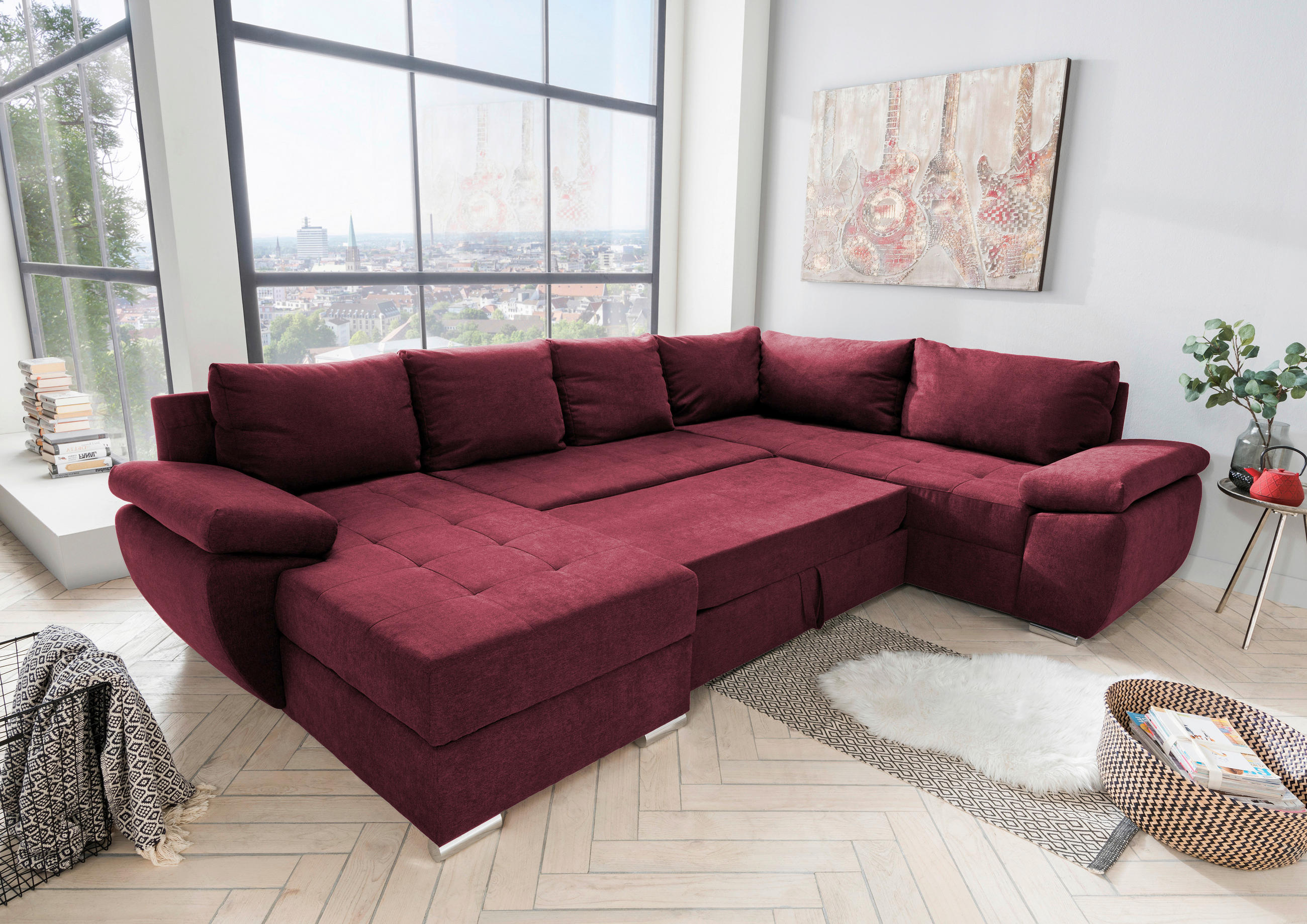 WOHNLANDSCHAFT Beere Mikrofaser  - Chromfarben/Beere, KONVENTIONELL (157/305/219cm) - Livetastic