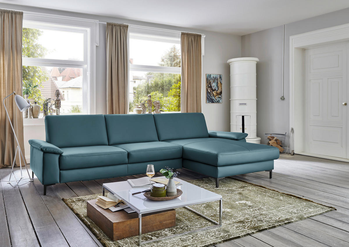 ECKSOFA in Echtleder Blau  334/176 cm  - Blau/Schwarz, Design, Leder/Metall (334/176cm) - Dieter Knoll