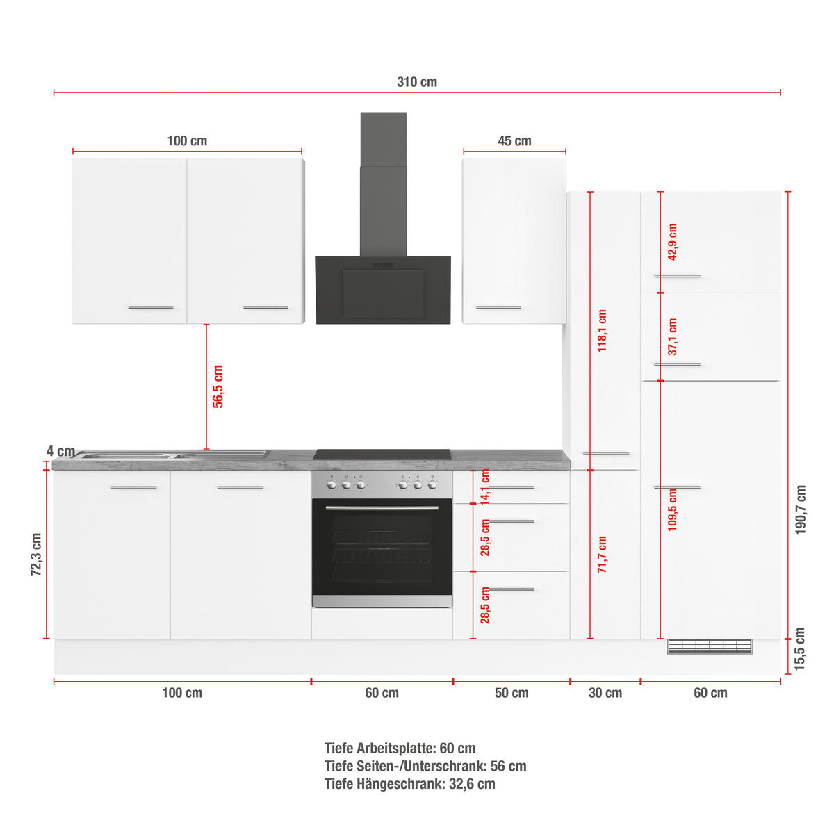 KÜCHENBLOCK 310 cm   in Grau, Weiß  - Eichefarben/Schwarz, Trend, Holzwerkstoff/Metall (310cm) - Impuls