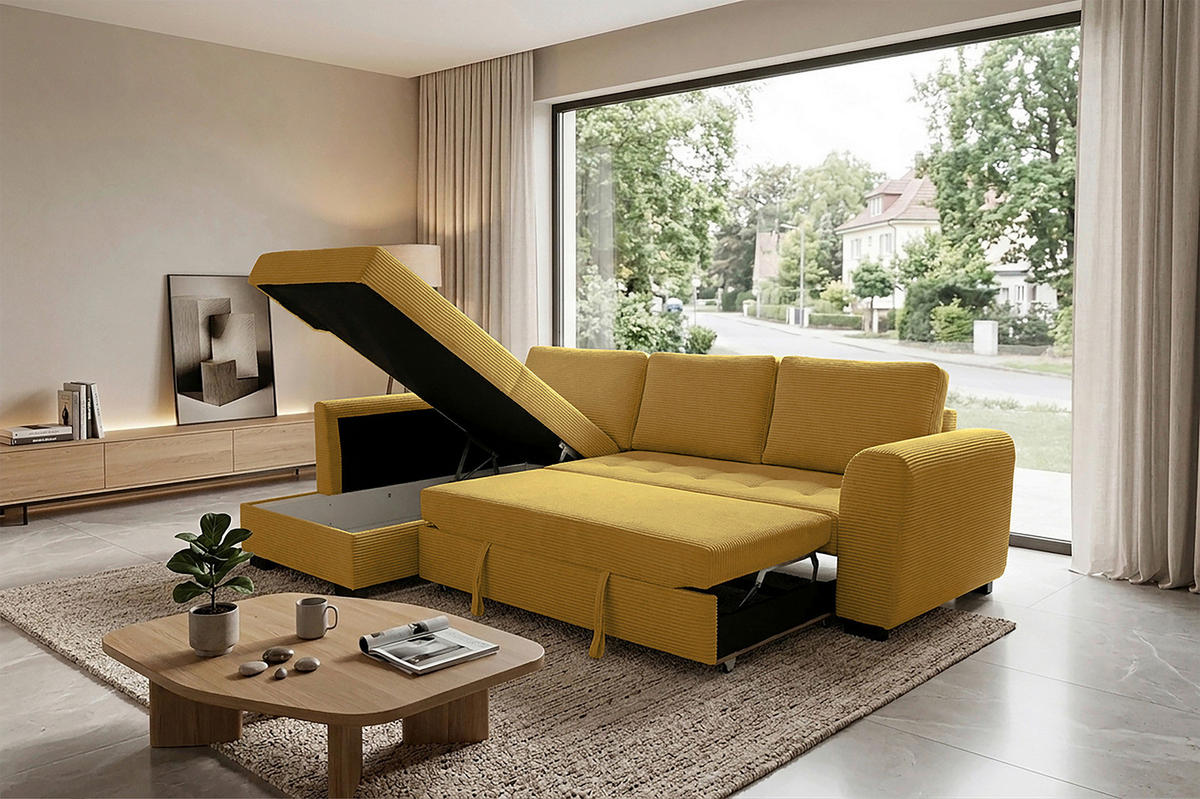 ECKSOFA JOHN Senfgelb Cord Rückenkissen, Bettkasten, Liegefläche im Originalstoff  - Senfgelb/Schwarz, Trend, Kunststoff/Textil (178/239cm) - P & B