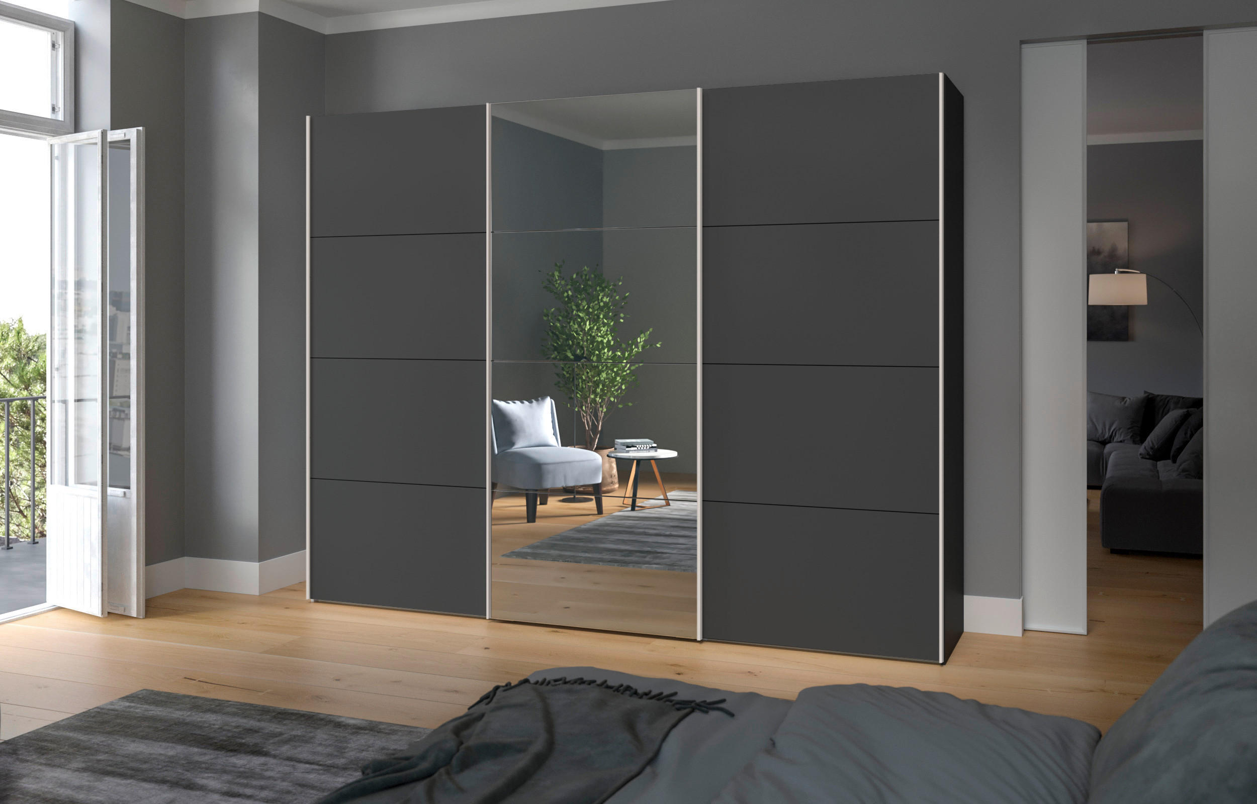 SCHWEBETÜRENSCHRANK 303/236/65 cm 3-türig Anthrazit, Schwarz - Edelstahlfarben/Anthrazit, Design, Glas/Holzwerkstoff (303/236/65cm) - Boxxx