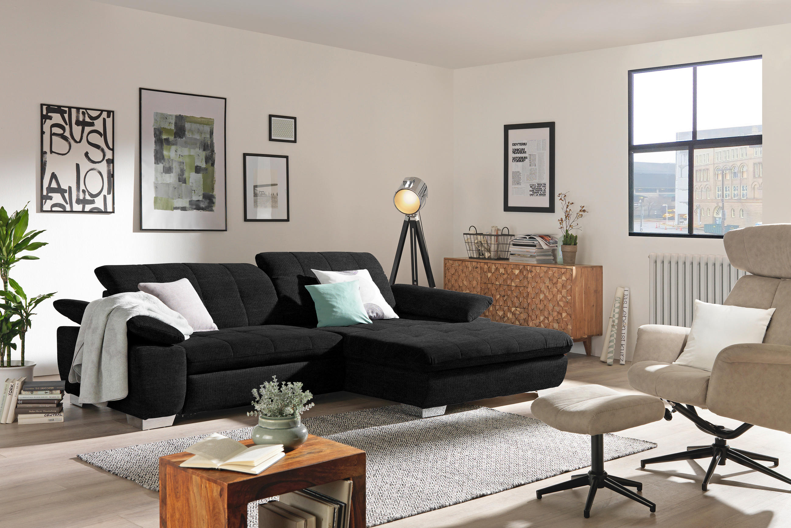 ECKSOFA in Mikrofaser Graphitfarben  - Chromfarben/Graphitfarben, Design, Textil/Metall (265/180cm) - Carryhome
