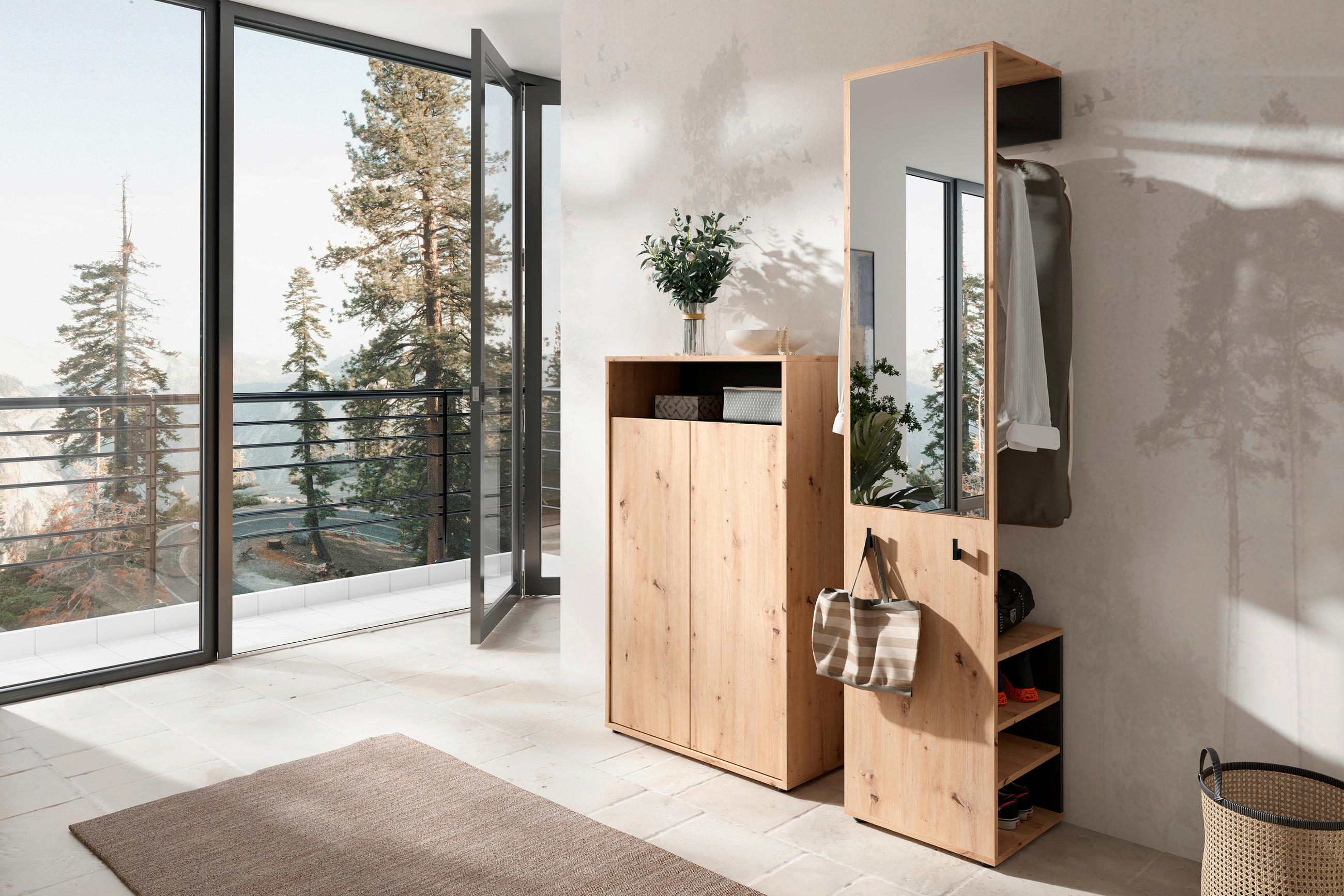 Thumbnail - Mid.you Garderobe, Schwarz, Eiche Artisan, Holzwerkstoff, 2-teilig, 110x186x35 cm, FSC Mix, Garderobe, Garderoben-Sets &...