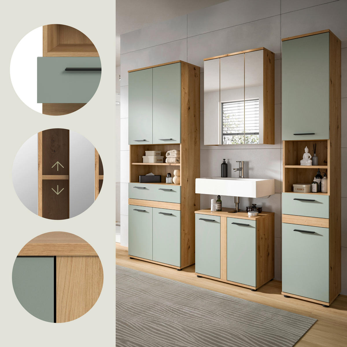 BADEZIMMER 4-teilig  in 195 cm  - Salbeigrün/Schwarz, Trend, Glas/Holzwerkstoff (195cm) - MID.YOU