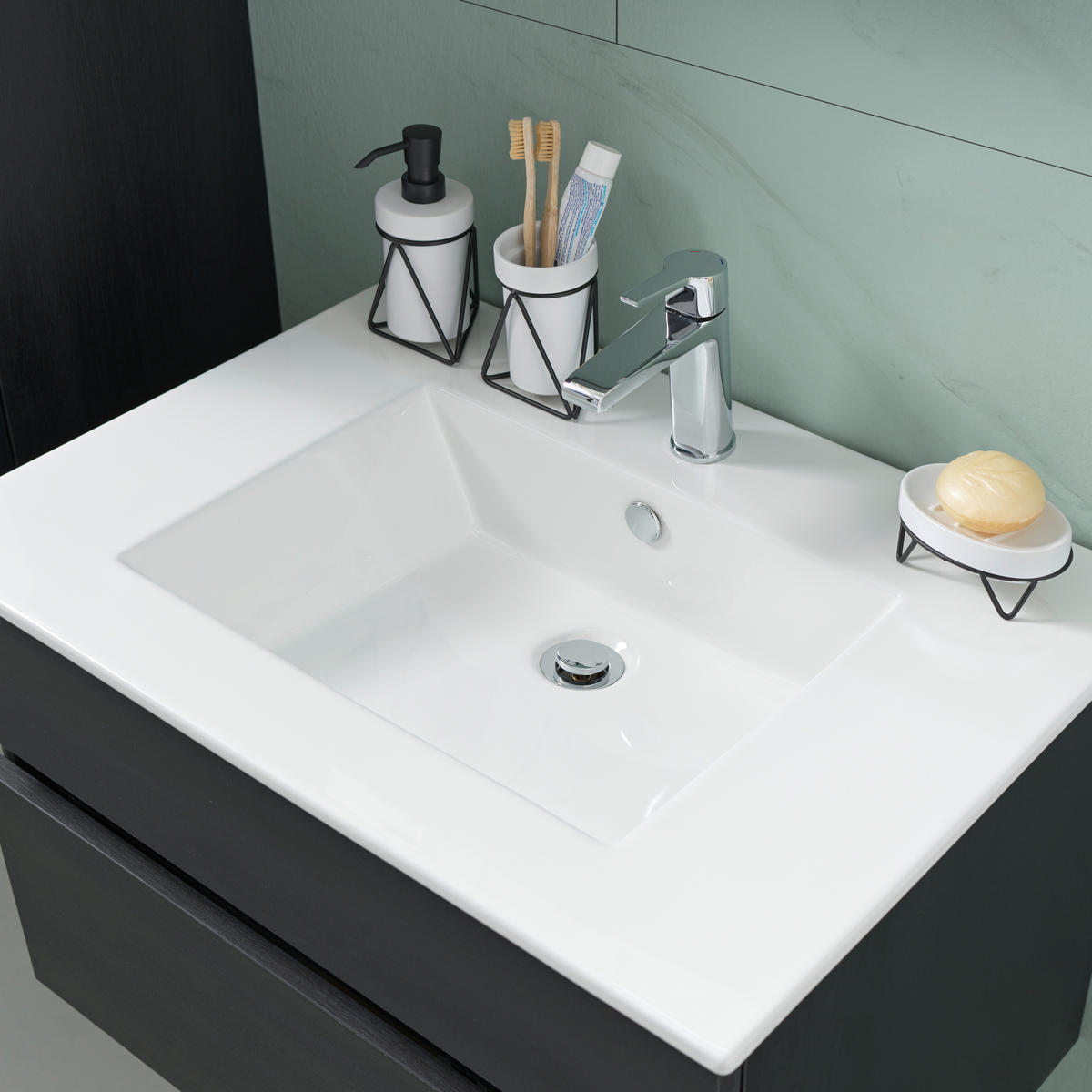 BADEZIMMER 3-teilig  in 72 cm  - Weiss/Schwarz, Design, Keramik/Holzwerkstoff (72cm) - Novel