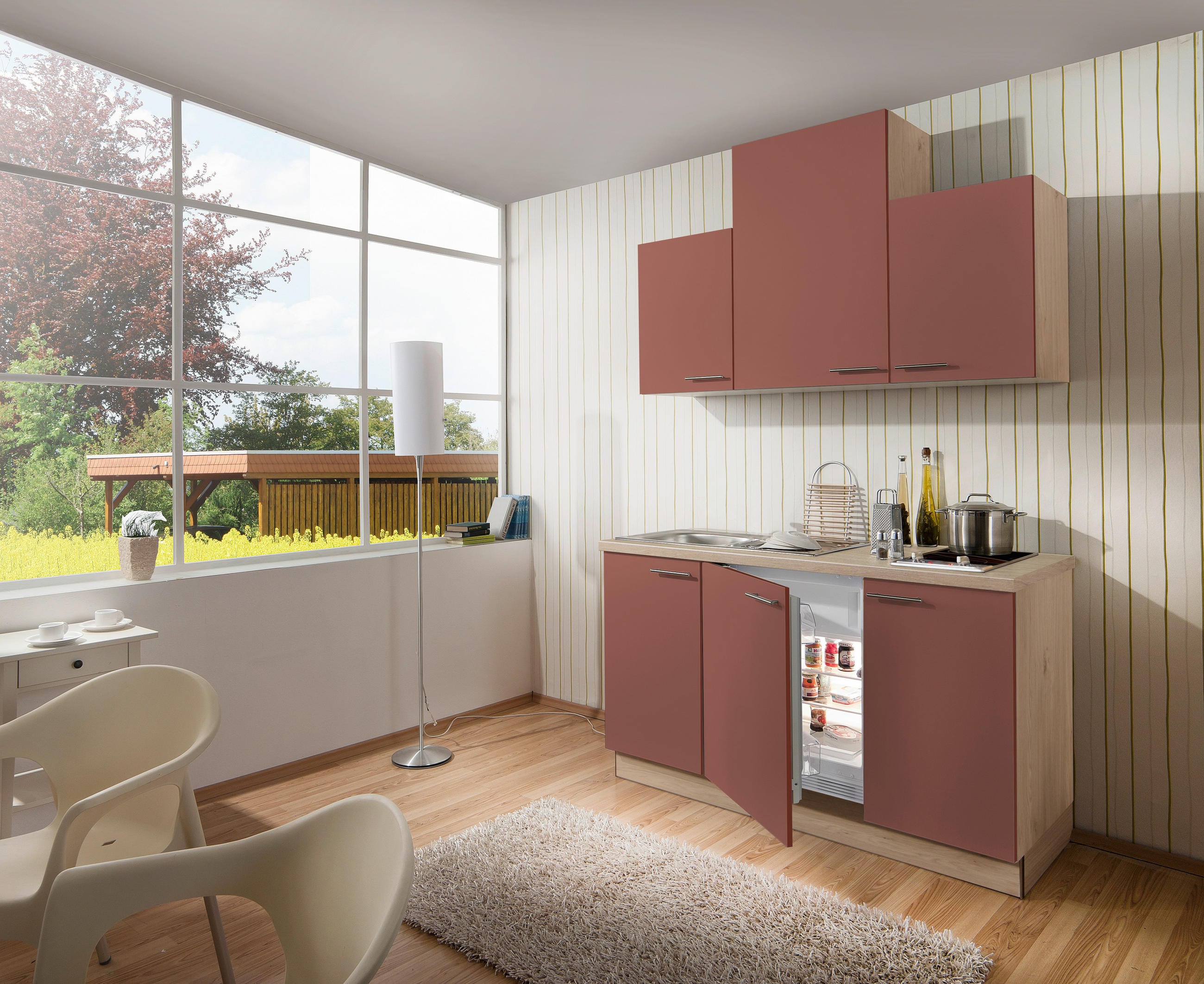 MINIKÜCHE 150 cm   in Rot, Wildeiche  - Wildeiche/Rot, KONVENTIONELL, Holzwerkstoff/Metall (150cm) - Welnova