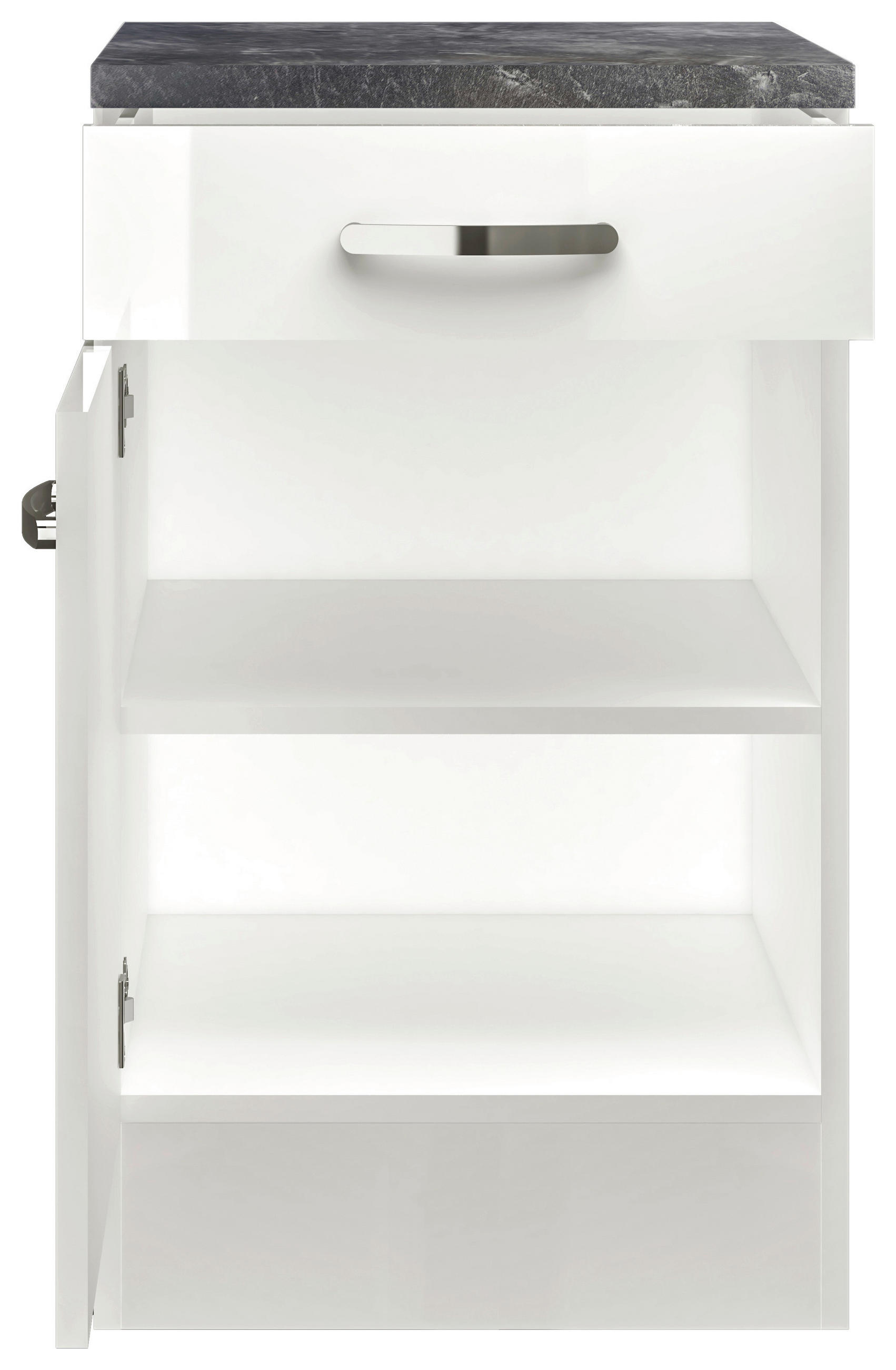 KÜCHENUNTERSCHRANK 50/86/60 cm  in Weiß, Weiß Hochglanz  - Schieferfarben/Edelstahlfarben, MODERN, Holzwerkstoff/Metall (50/86/60cm) - FlexWell