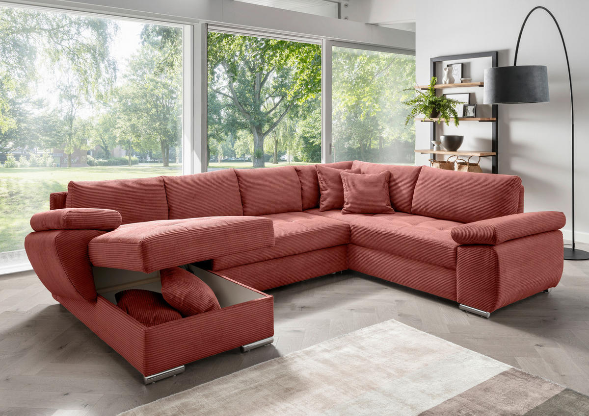 WOHNLANDSCHAFT Koralle Cord  - Chromfarben/Koralle, KONVENTIONELL, Textil/Metall (157/305/219cm) - Livetastic