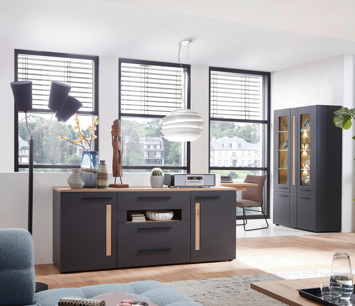 KOMODA, barve hrasta, barve grafita  - črna/barve hrasta, Moderno, umetna masa/leseni material (180/81/44cm) - Hom`in