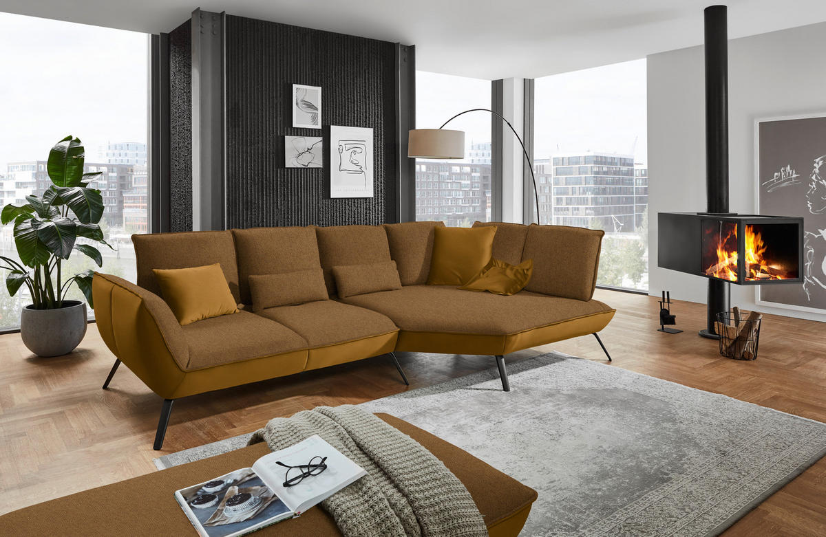 ECKSOFA in Flachgewebe Goldfarben  - Goldfarben/Schwarz, Design, Textil/Metall (320/169cm) - Moderano