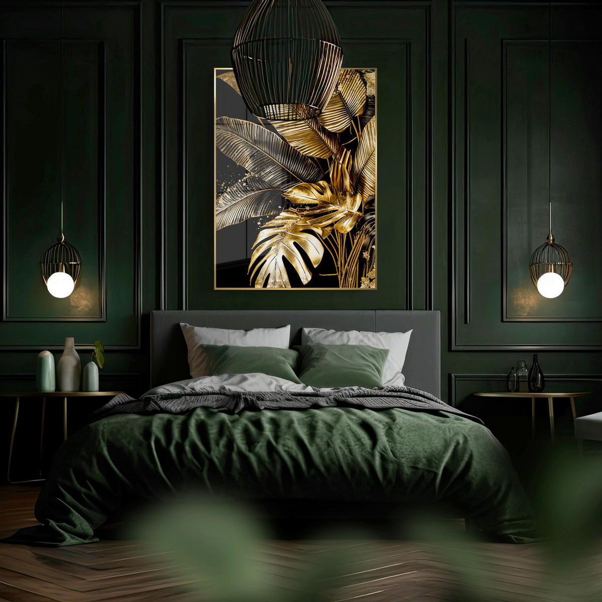 GLASBILD Blätter 80/120 cm  - Goldfarben/Schwarz, Basics, Glas/Holz (80/120cm)