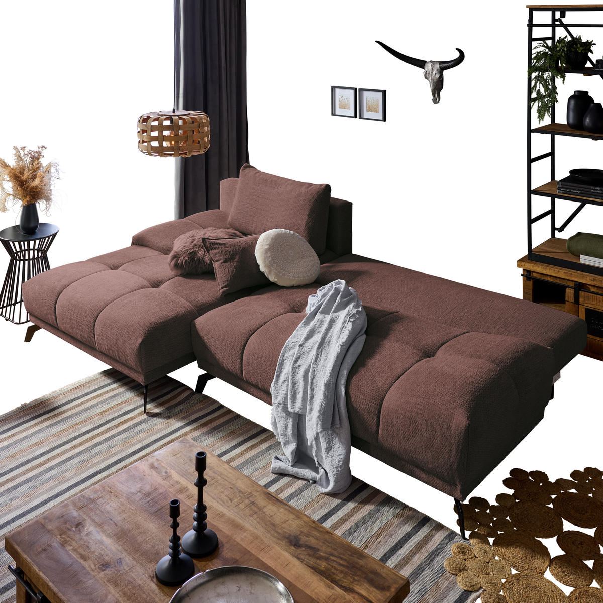 ECKSOFA in Chenille Braun  - Schwarz/Braun, Modern, Textil/Metall (182/290cm) - Hom`in