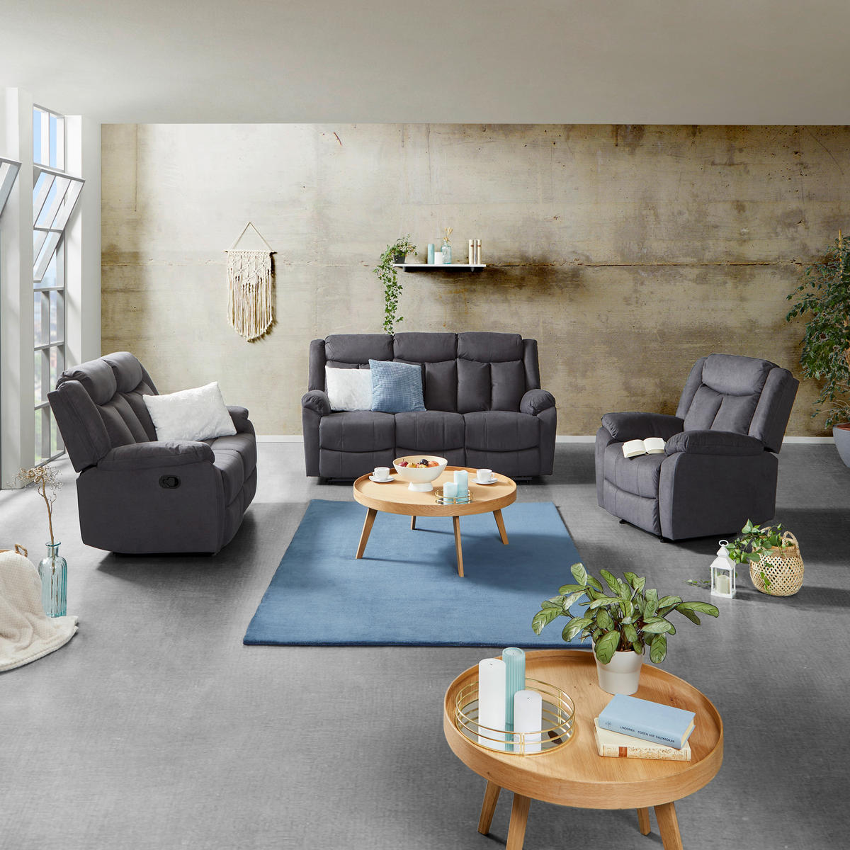 3-SITZER-SOFA Webstoff Grau  - Schwarz/Grau, KONVENTIONELL, Holz/Kunststoff (190/103/96cm) - P & B