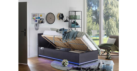 POLSTERBETT 90/200 cm,  in Schwarz, Beleuchtung, Lattenrost, Bettkasten,  - Birkefarben/Buchefarben, Design, Holz/Kunststoff (90/200cm) - Xora